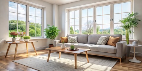 Bright room with a large window, comfortable sofa, and coffee table, spacious, interior design, natural light, cozy