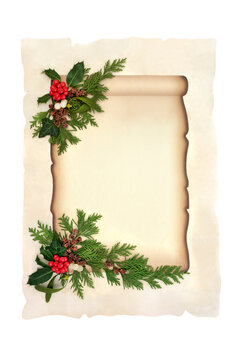 Christmas festive parchment paper scroll for party invitation or santa letter with red berry holly, mistletoe, vibrant winter greenery. Retro design for holiday season.