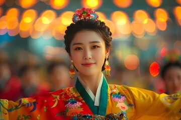Fototapeta premium Portrait of a North Korean Woman in Traditional Attire Celebrating a Festival Outdoors. Capturing the Beauty and Pride of North Korean Culture During a Joyous Occasion. A Reflection of Ethnic Heritage