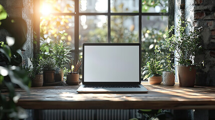 Fototapeta premium minimalist desk setup with a laptop in front of a large window, bathed in the warm glow