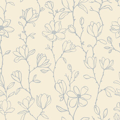 Hand drawn vector seamless pattern with line art magnolia flowers in pastel colors. Elegant floral pattern for romantic design, textile, wrapping paper. Botanical background with charming flowers © simpleblues