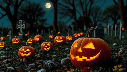 Graveyard Pumpkins: Group of jack-o'-lanterns in a graveyard at night, illuminated by a full moon. Surrounded by stones, dried leaves, and flowers with tombstones and trees in the background