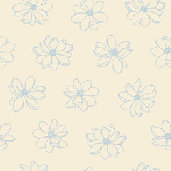 Magnolia pattern in pastel color. Elegant botanical seamless pattern for textile, wrapping paper. Vector endless background with spring flowers. Hand drawn charming magnolia branches