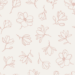 Hand drawn vector seamless pattern with magnolia flowers in pastel colors. Line art elegant botanical endless background for prints, wrapping paper, textile. Charming linear floral pattern