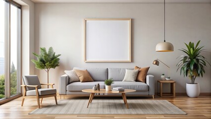 Fototapeta premium Minimal interior style living room wall poster mock up, minimalist, interior design, modern, blank space, showcase