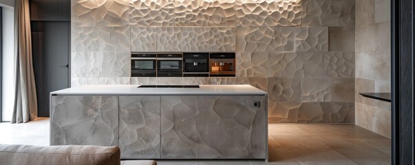 A modern minimalist kitchen with a minimalist island, built-in oven, and a background of textured ceramic tiles