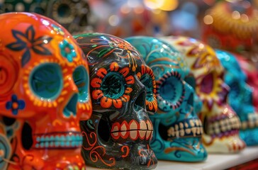 Colorful Mexican Sugar Skulls Painted with Vibrant Colors and Intricate Designs for Day of the Dead Festival, High-Quality Stylish Stock Photo