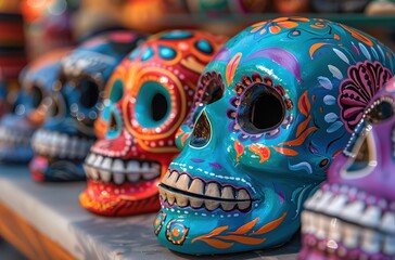Fototapeta premium Colorful Mexican Sugar Skulls Painted with Vibrant Colors and Intricate Designs for Day of the Dead Festival, High-Quality Stylish Stock Photo