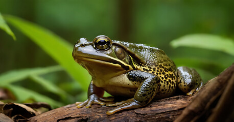 Obraz premium Two frogs perched on a mossy rock near a pond in a lush green forest. Perfect for nature documentaries, biology textbooks, or environmental websites.