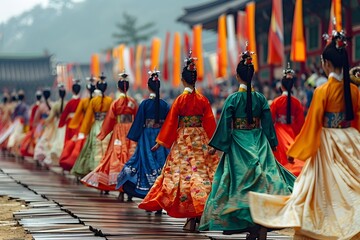 Beautiful North Korean Woman Dancing Among a Crowd During an Outdoor Festival. Dressed in Traditional Attire, Celebrating North Korean Culture Through Dance and Festivity. A Joyful Scene Reflecting Et