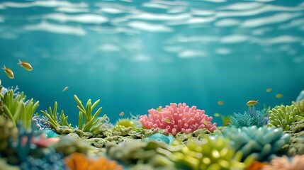 Underwater Paradise: A mesmerizing underwater scene with vibrant coral reefs, playful fish, and sunbeams piercing the surface. 