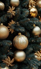 A Close-Up of Gold Ornaments and Decorations on a Green Christmas Tree