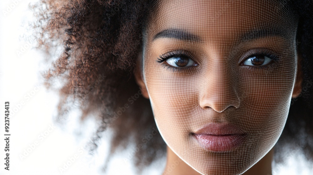 Wall mural Close-up portrait of a young woman with curly hair and radiant skin, her face partially covered by a digital grid pattern, symbolizing technology and identity.