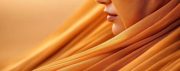 A close-up of an Arab woman s veil, blending into the golden sands of a desert and the metallic shine of oil barrels
