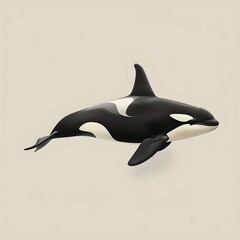 Obraz premium Orca in Motion: A sleek and powerful orca glides through the water, its black and white markings contrasting against the soft, neutral background. 