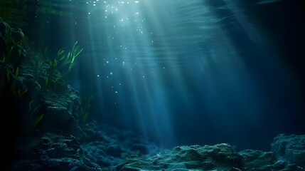 Sunbeams Through Deep Blue: A mesmerizing underwater scene reveals a sunbeam piercing through the deep blue ocean, illuminating a mysterious underwater landscape with a magical glow. 