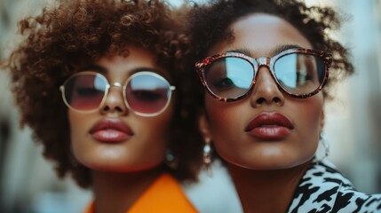 Two friends with stylish and voluminous curly hair, one in a leopard print outfit, posing confidently in an urban outdoor setting, embodying friendship and vibrant city style.
