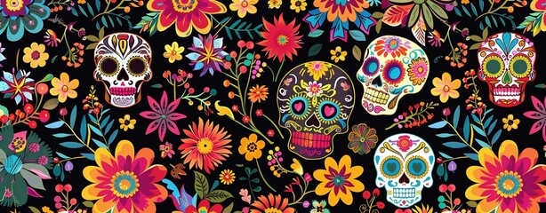 Day of the Dead Pattern Design with Skulls and Flowers in Vibrant Colors on Grey Background, Seamless Repeating Space for Text or Images