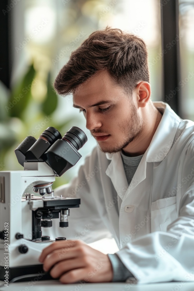 Poster young man using a microscope in a laboratory setting