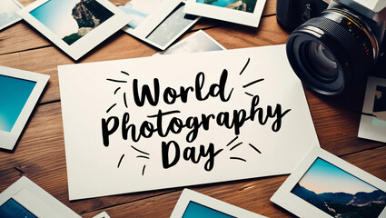 Camera Surrounded by Scattered Polaroid Photos on a Wooden Table: 'World Photography Day' in Handwritten-Style Font, Adding a Personal Touch as if Scribbled on a Polaroid. Generative AI.