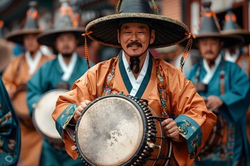 Crowd of North Korean People Celebrating a Festival Outdoors in Traditional Attire, Featuring Traditional Instruments and Drums. Capturing the Vibrant Spirit of North Korean Culture Through Music, Dan