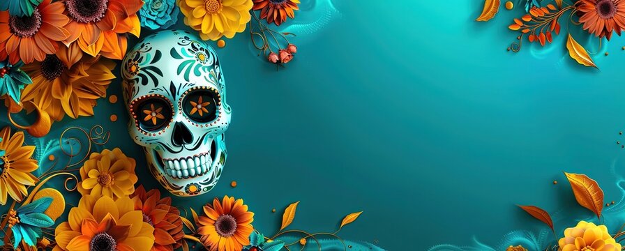 Colorful Sugar Skull with Floral Decoration on Blue Background, Suitable for Banner Design, Celebrating Mexican Day of the Dead, Halloween, or Día de Muertos, Award-Winning Ultra-Realistic Photography