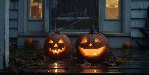Pair of Glowing Jack-O'-Lanterns Sitting on A Dark Porch
