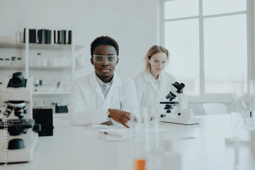 Poster two scientists working in a laboratory with a microscope