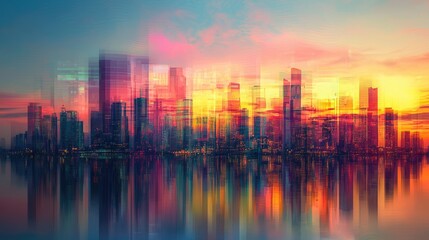 Cityscape Symphony: Abstract Urban Skyline Silhouetted Against Sunset Glow