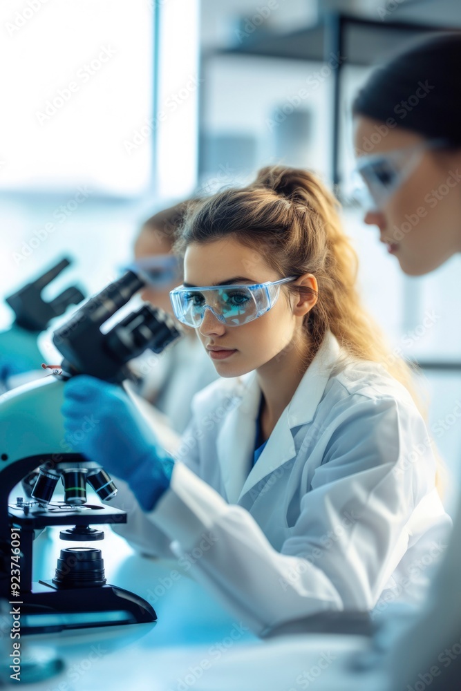 Poster female scientist using a microscope in a laboratory