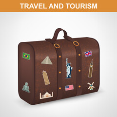 Vintage suitcase with collection of travel labels. Travel and Tourism. Vector illustration