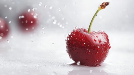 A vivid image of a single fresh cherry with its stem, glistening with water droplets, surrounded by a frosty background, capturing its freshness and vibrancy.