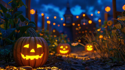 Pumpkin Patch with Gently Glowing Jack-o'-Lanterns