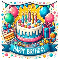 birthday card with cake and balloons
