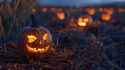 Soft Glow of Carved Jack-o'-Lanterns in Pumpkin Patch