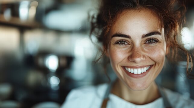 Close-up of a woman in a cafe kitchen wearing an apron, smiling cheerfully, showcasing the vibrant and dynamic environment of the culinary world behind the scenes.