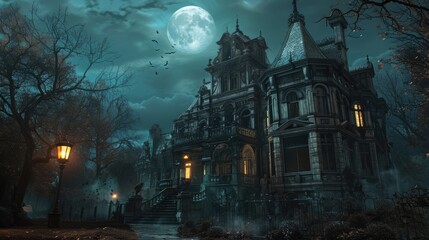 Obraz premium Eerie Haunted House Exterior with Cobwebs, Dim Lights, and Full Moon Illumination