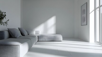 Minimalist Living Room Interior Design with Sunlight Streaming Through a Large Window