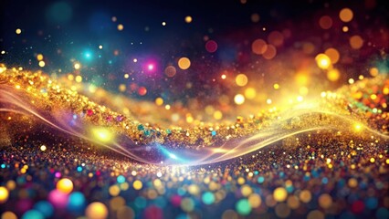 Fototapeta premium Vibrant multicolor magic poly flowing with golden particle and bokeh light effects, vibrant, multicolor, magic
