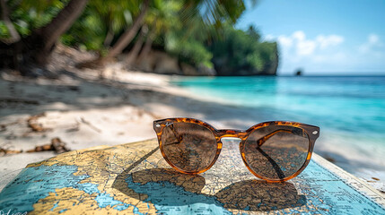 fancy sunglasses on top of a map at the beach