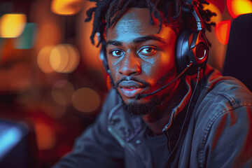 Afro american man works in a call center, sits at a table in front of a work computer, wears headphones