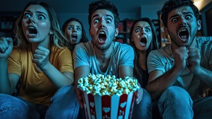 Frightening Horror Movie Night: Friends Terrified Watching Scary Film with Popcorn Mess