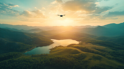 Obraz premium Drone Hovering Over Breathtaking Landscape with Vibrant Nature and Expansive Views