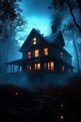 A hauntingly beautiful house illuminated at night, surrounded by eerie fog and dense trees, evoking a sense of mystery and suspense.