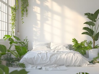 Minimalist Bedroom with Green Plants and White Bedding
