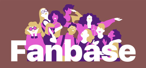 Happy young people on colored background standing behind the word Fanbase