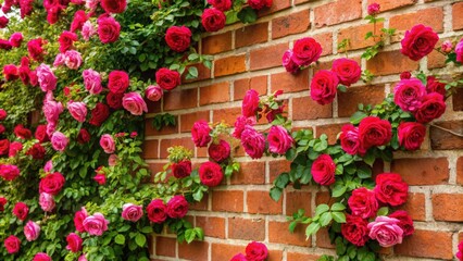 Fototapeta premium Roses climbing a brick wall, creating a beautiful and picturesque scene, roses, wall, climbing, brick, flowers, bloom, nature