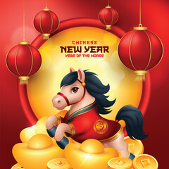 Chinese New Year 2026 background, year of the horse with cute 3d horse illustration. Translation : Horse