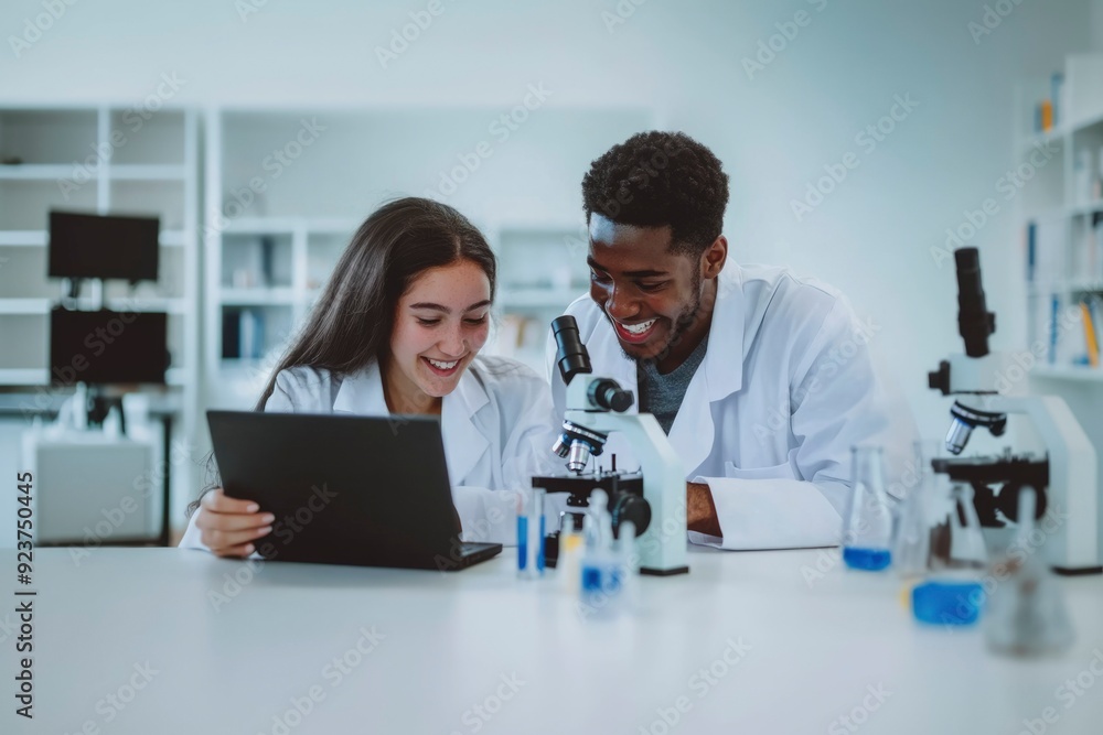 Poster two students collaborating on a science experiment in a laboratory