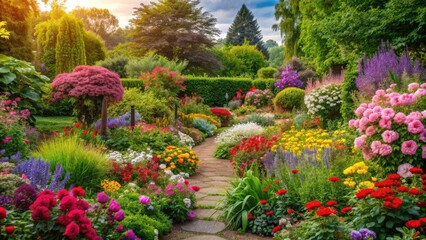 Fototapeta premium Lush garden filled with vibrant flowers and blooming plants, floral, colorful, beauty, flora, nature, garden, botanical